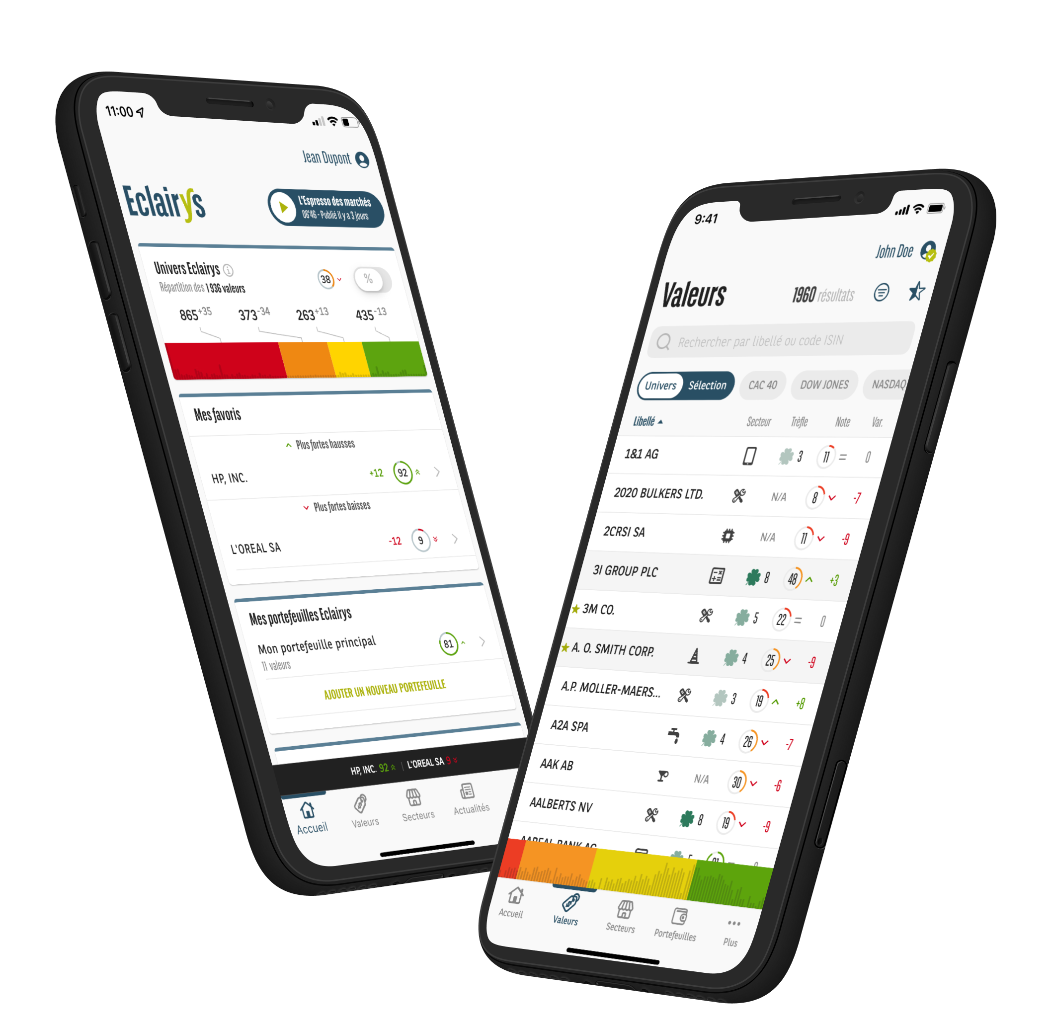 deux écrans de téléphone mobile qui affiche l’interface de l’application mobile crée pour Eclairys, BNP. les écrans montrent des listes de valeurs boursières et une interface de portefeuille digital.