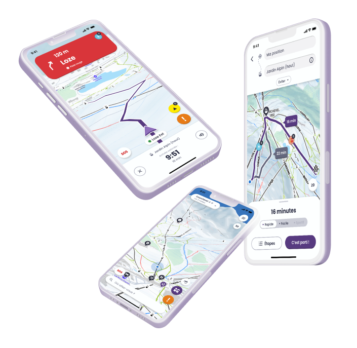 trois écrans représentant l’interface utilisateur de l’application mobile Skiif, les écrans montrent le suivi des pistes de ski grâce au système de GPS et de géolocalisation embarqué.