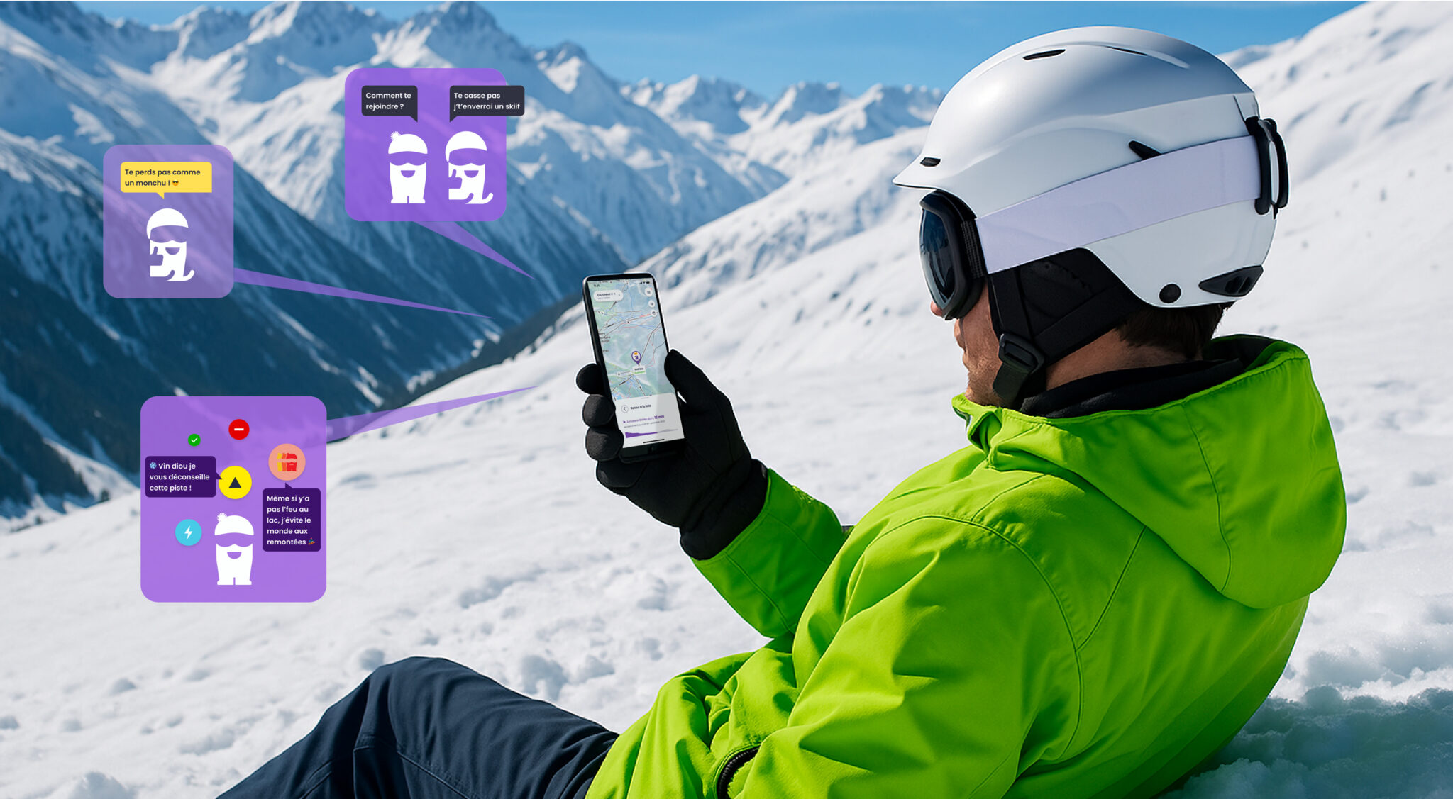 un skieur assis dans la neige en haut d’une montagne qui regarde son application communautaire Skiif et qui communique avec ses amis sur les pistes via son téléphone mobile. Des bulles d’informations simule des interactions entre les amis du skieur.